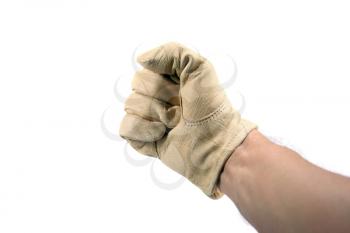 hand wearing a leather glove isolated on white