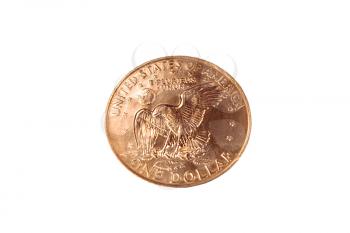 Macro shot of a gold dollar coin on white