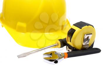 Hardhat and tools isolated on white