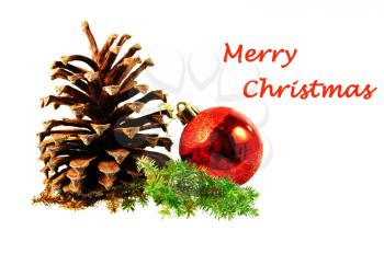 Christmas tree ball and pine cone  with coy space isolated on white