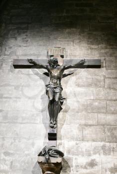 PARIS-FRANCE-FEB 24, 2019: Jesus on the cross inside Notre Dame de Paris cathedral - Paris, France 