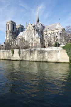 Notre Dame Cathedral seen from across the Siene, Paris                               