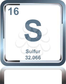 Symbol of chemical element sulfur as seen on the Periodic Table of the Elements, including atomic number and atomic weight.