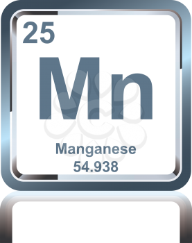 Symbol of chemical element manganese as seen on the Periodic Table of the Elements, including atomic number and atomic weight.