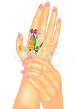 hand care. two woman's hand with flowers