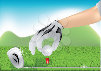 on the golf course. hand with a ball and a golf club