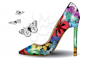 Women's shoe with colorful butterflies. 10 EPS