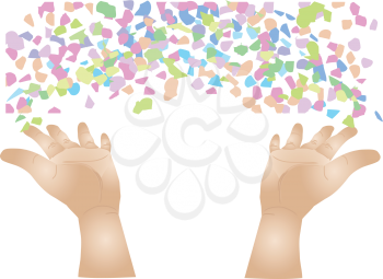 human hand throwing colored confetti. isolated on a white background