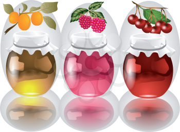 3 jars with apricot, raspberry, cherry jam