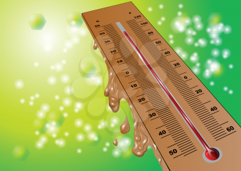summer heat. thermometer on green summer background 