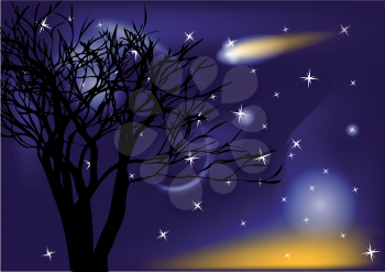 comet and tree in a night sky. 10 EPS