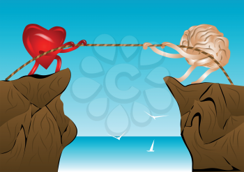 tug of war. heart and brain pull the rope on top of the rock