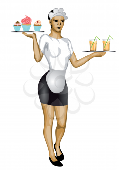 waitress with trays isolated on a white background