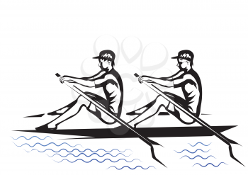 team rowing. two silhouette isolated oh a white background