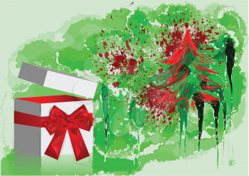 gift with red bow and tree on abstract grunge background