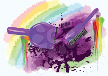 spring-cleaning. brush and dustpan on abstract multicolor background