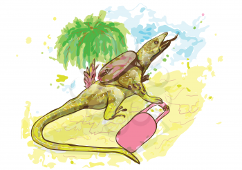 lizard traveling. reptile with a pink suitcase