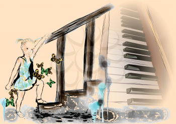 little girl and piano on abstract grunge background