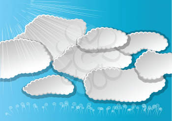 clouds and sun. decorative clouds and abstract plants on blue background