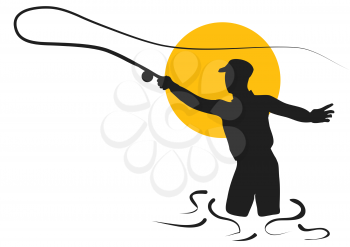 fly fishing. silhouette of man isolated on white background