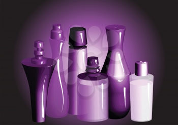 perfume.  Perfume bottles, shampoo, or deodorant spray, oil.