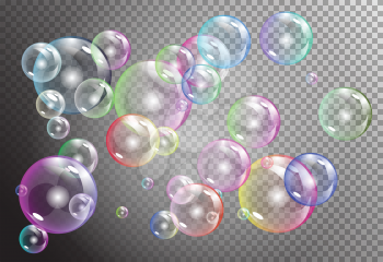 raibow bubbles on dark transparent background. vector soap water bubbles