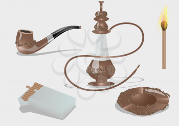 smoking accessories. cigarettes, hookah, pipe, ashtray, match.