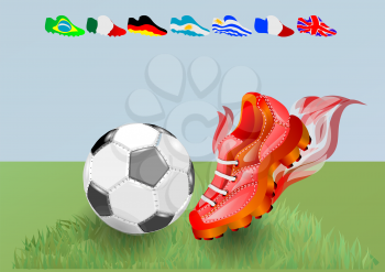 Football  shoes and ball with the flags of the leading football nations
