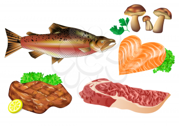 meat, fish, mushrooms isolated on white background