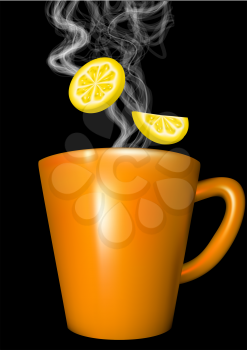 orange mug and lemon on black background
