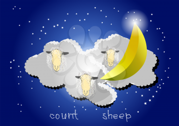 count sheep. sheeps in the night sky with stars and moon