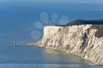 Aerial photograph of the lighthouse and cliffs at Beachy Head, near Eastbourne, East Sussex, England, Great Britain