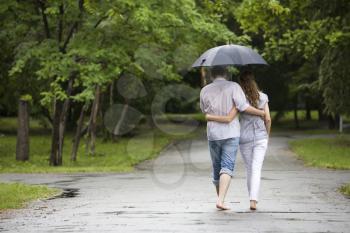 View of couple a back under umbrella walking down the park in autumn