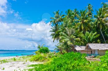 Tropical island landscape with huts, Banyak Archipelago, Indonesia, Southeast Asia
