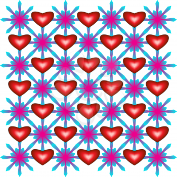 Abstract pattern with hearts and flowers on white background
