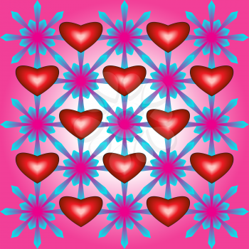 Abstract pattern with hearts and flowers on pink background
