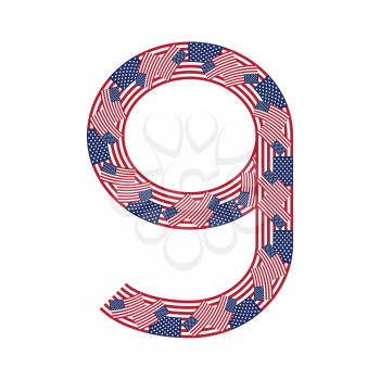 Number 9 made of USA flags on white background from USA flag collection, Vector Illustration

