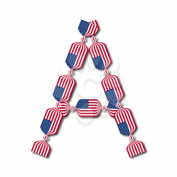 Letter A made of USA flags in form of candies on white background