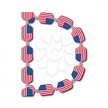 Letter D made of USA flags in form of candies on white background

