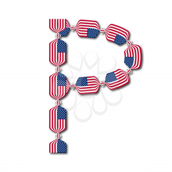 Letter P made of USA flags in form of candies on white background
