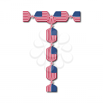 Letter T made of USA flags in form of candies on white background
