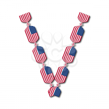 Letter V made of USA flags in form of candies on white background
