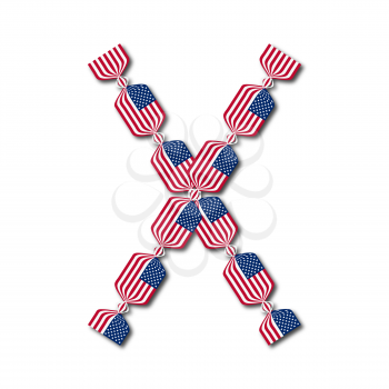 Letter X made of USA flags in form of candies on white background
