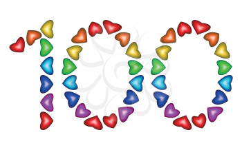 Number 100 made of multicolored hearts on white background