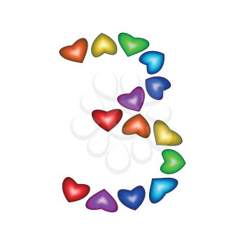 Number 3 made of multicolored hearts on white background