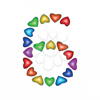 Number 6 made of multicolored hearts on white background