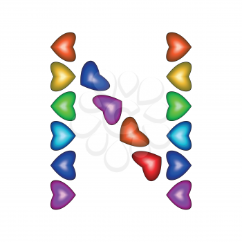 Letter N made of multicolored hearts on white background