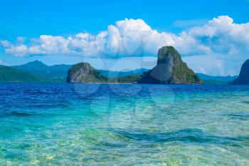 Scenic view of tropical sea bay and mountain islands, El, Nido, Palawan, Philippines