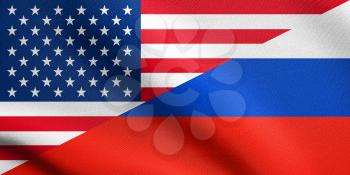 American and Russian flags together waving in the wind with detailed fabric texture