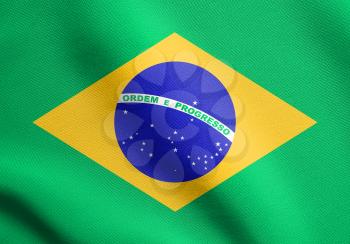 Flag of Brazil waving in the wind with detailed fabric texture. Brazilian national flag.